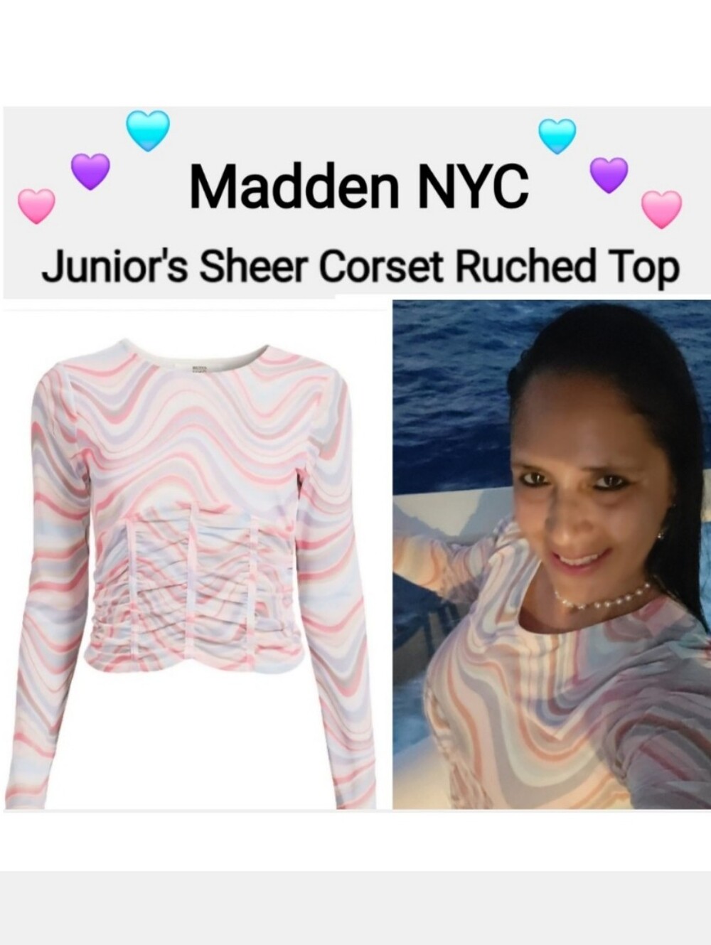Madden NYC Long-Sleeve Sheer Ruched Corset Top - Pink & Blue Swirl